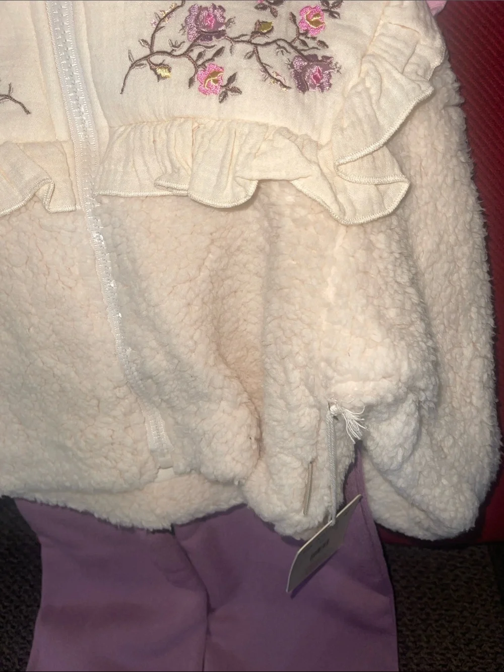 BearPaw Cream Sherpa Jacket with Pink Floral Embroidery & Lavender Pants